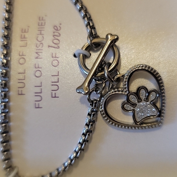 🆕️ Stainless Steel Silver Bracelet Glitter Heart Paw Charm 7.5" chain 🐈 🐕 - Picture 3 of 6